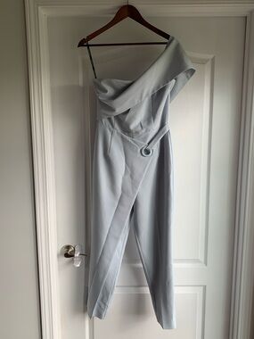 Lavish Alice Grommet Asymmetrical Off The Shoulder Jumpsuit Baby Blue